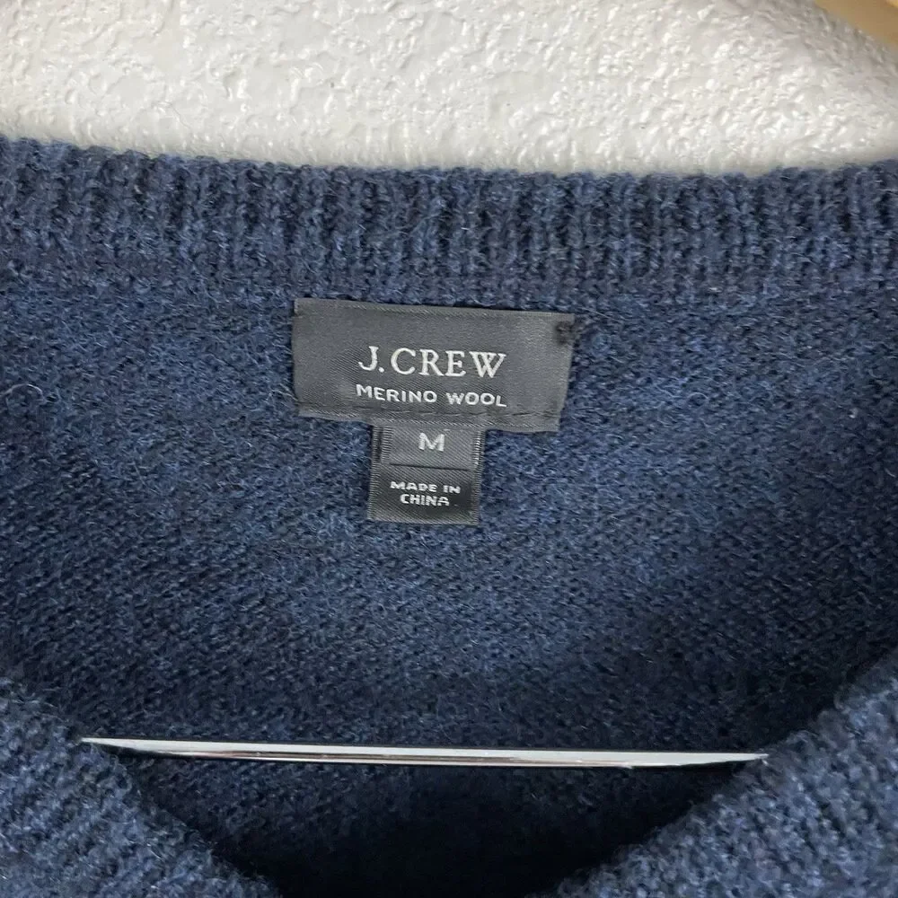 J Crew Mens M Merino Wool Blue V Neck Sweater Brown Elbow Patches Heritage